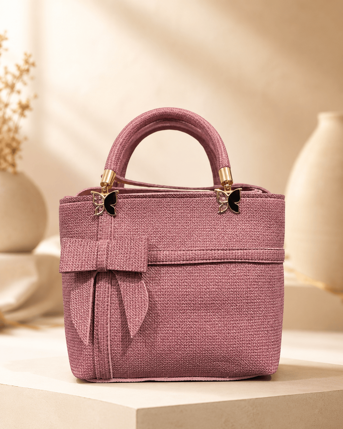 Mauve Woven Bow Handbag for Women