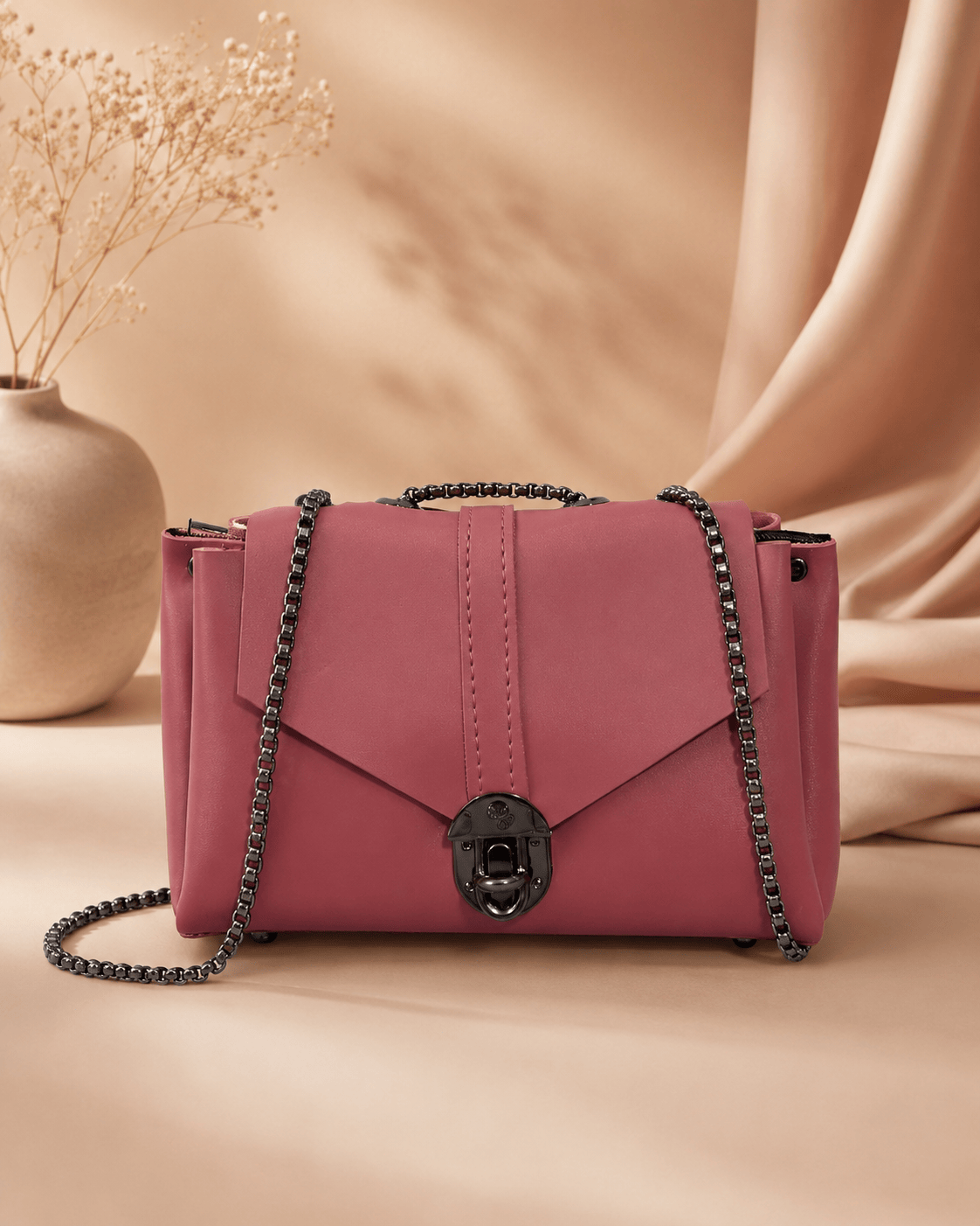 Rose Pink Chain Flap Shoulder Bag for Women | Lyssa Bags