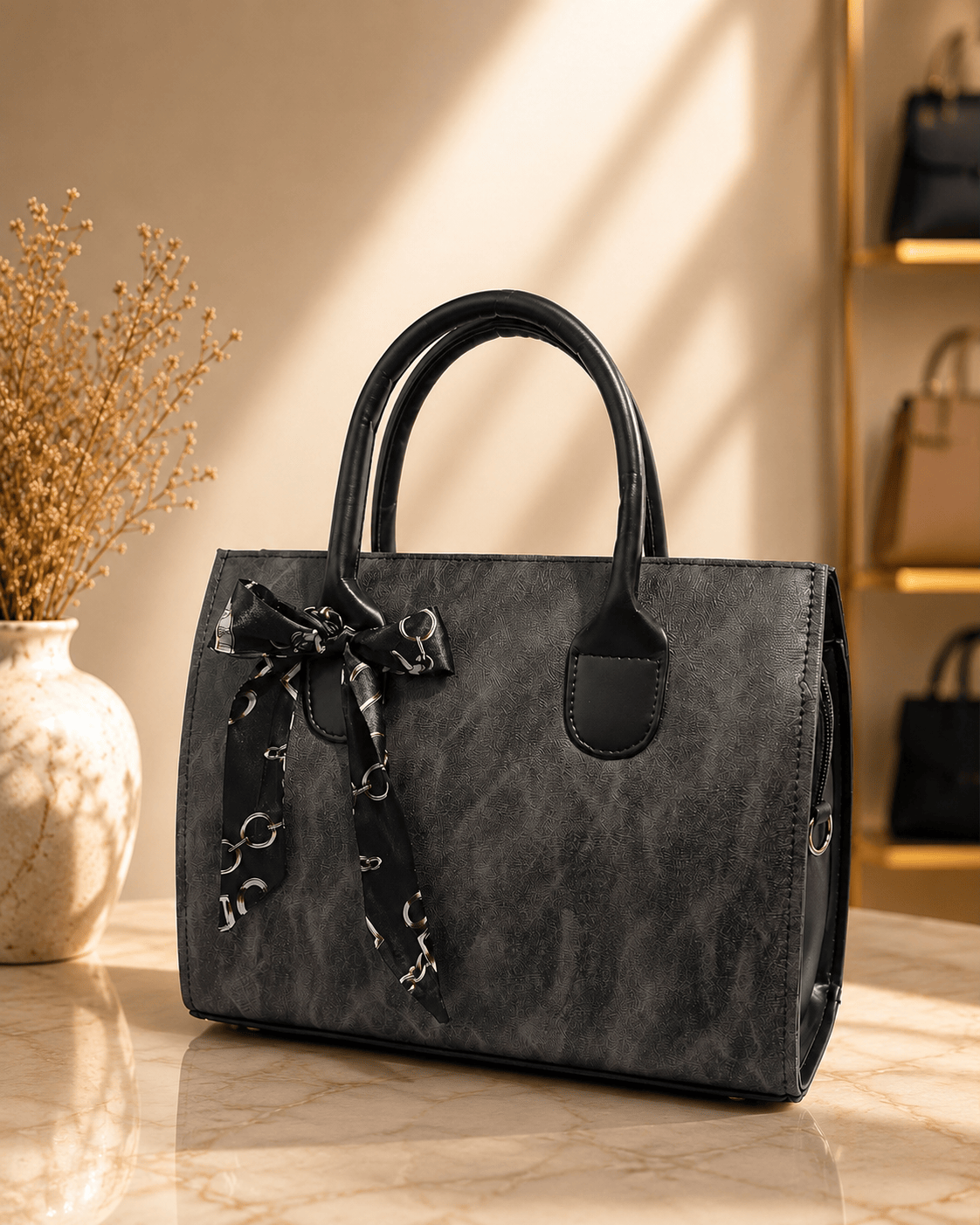 Black Handbag with Twilly Scarf for Women