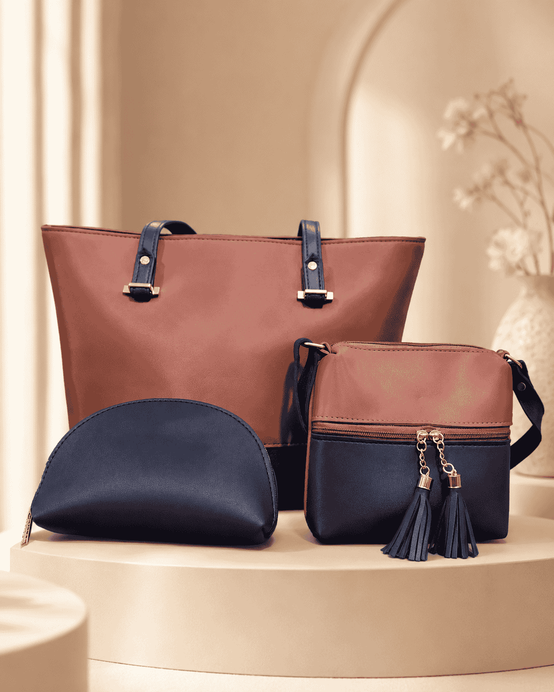 Mauve & Navy 3-Piece Handbag Set for Women | Lyssa Bags